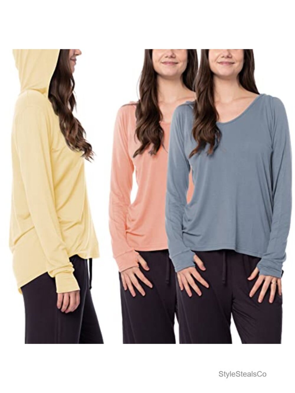 3 Pack Cotton Rayon Spandex Hoodies Long Sleeve V-Neck Thumbhole Relaxed Fit